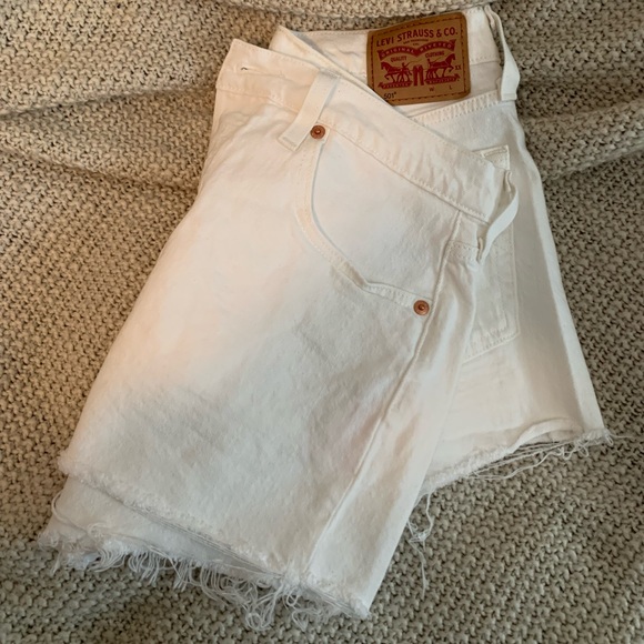 52 Levi High Waisted White Denim Shorts 